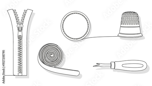Set of sewing and tailoring tools in continuous line art style.
