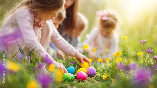 Young girl hiding colorful eggs in a flower-filled meadow