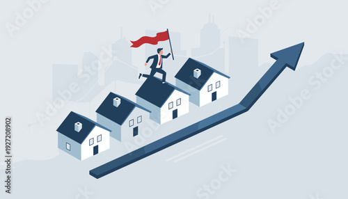 Businessman Holding a Red Flag Running on House Roofs with an Upward Arrow Representing Real Estate Market Growth, Rising Property Prices, Investment Success, and Economic Housing Boom Concept