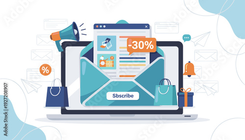 Digital Email Marketing Campaign and Newsletter Subscription Concept with Open Envelope on Laptop Screen, Megaphone, Shopping Bags, and Discount Offers for Online Business Promotion and Sales