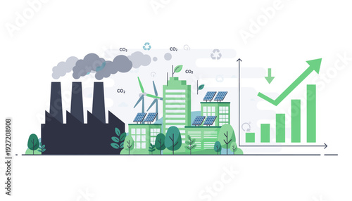 Flat Vector Illustration of Reducing Carbon Emissions and CO2 Footprint with Green Energy Solutions, Solar Panels, Wind Turbines, and Sustainable Industrial Growth for Environmental Protection