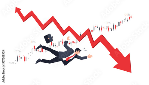 Financial crisis and stock market crash concept with businessman falling down alongside a red arrow. Economic recession, bankruptcy, and investment loss illustration on a white background.