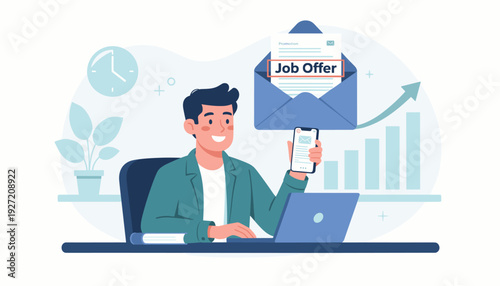Happy Man Sitting at Desk with Laptop and Smartphone Receiving a Job Offer and Promotion Notification. Concept of Career Growth, Recruitment, New Employment Opportunity, and Higher Salary.