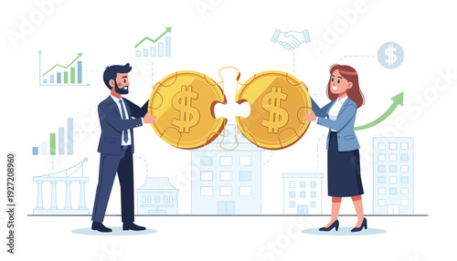 Business Partnership and Success Concept with Professional Man and Woman Connecting Two Halves of a Gold Dollar Coin Puzzle Piece for Venture Capital, Fundraising, Merger, and Financial Growth