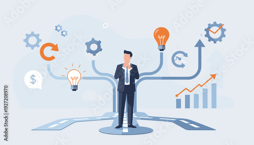 Businessman standing at crossroads thinking of new ways to solve problems, rethink strategy for better results, innovation concept with lightbulbs, gears, growth arrows, and financial bar charts