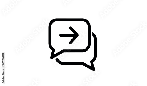 A black line icon of two speech bubbles with an arrow pointing to the right in the top bubble