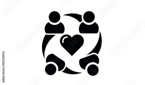 Black silhouette of people forming a circle around a heart symbol