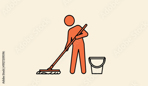A person wearing red is cleaning the floor with a mop and bucket beside them on a beige background