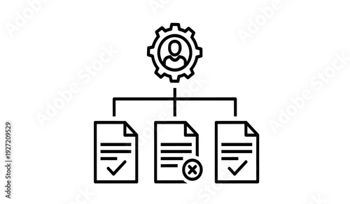 A black and white line drawing of a gear with a persons head inside connected to three documents with checkmarks and one document with a circle and an x through it