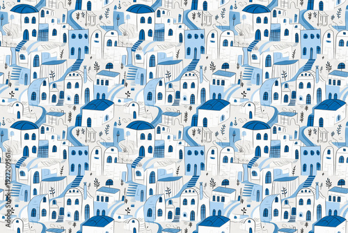 Seamless Pattern of Naive-Style Greek Island Houses with Blue Roofs, White Walls and Sea Motifs, Mediterranean Summer Aesthetic