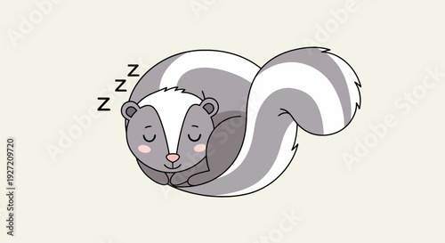 Cartoon skunk sleeping curled up in a ball in vector flat illustration style; cute animal resting with ZZZ; adorable wildlife design