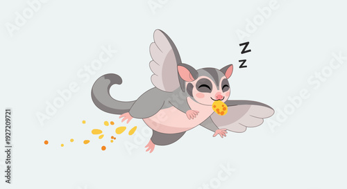 Sugar glider sleeping with cheese vector illustration; cute animal with zzz; flat design; isolated white background; cartoon style