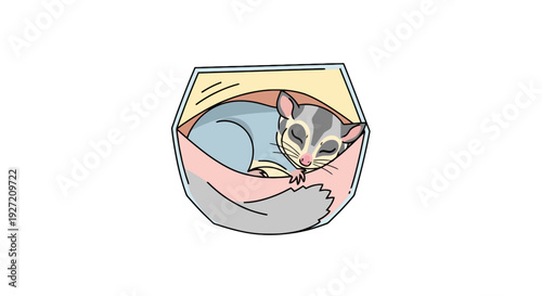 Sugar glider sleeping in hammock vector illustration; adorable pet in cartoon style with gray and blue fur in a cozy nest