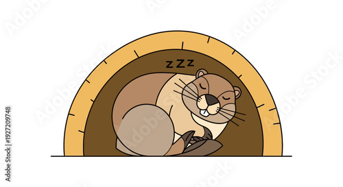 Cartoon sleeping groundhog vector illustration in burrow; cute flat design marmot character in hibernation for groundhog day card