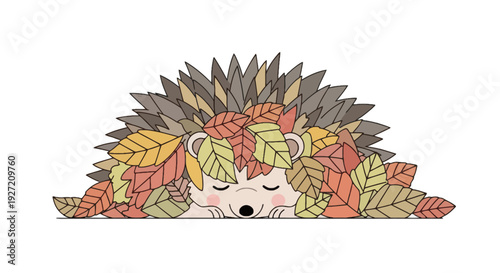 Adorable sleeping hedgehog covered in autumn leaves flat vector illustration; cozy fall season animal clip art for graphic design projects