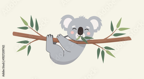 Adorable gray koala bear clinging to eucalyptus branch eating leaves in flat vector art for children's designs and illustrations
