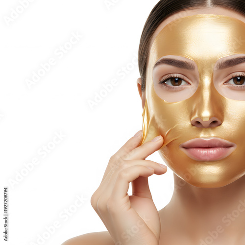 Woman removing gold peel off face mask isolated on white background, luxury skincare treatment with colloidal gold