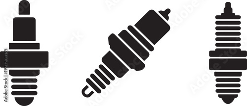 Set of black spark plug icons, essential components for internal combustion engines