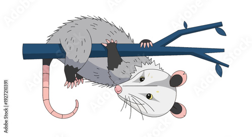 Cartoon opossum hanging from a blue branch vector illustration; adorable marsupial in simple flat design against white background