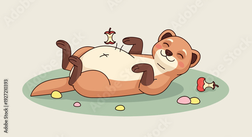 Cartoon otter lying down on a green surface surrounded by apple cores and candy vector flat illustration for children