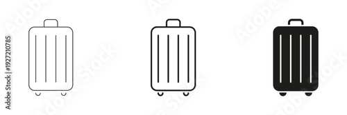 Suitcase Travel Bag Line And Solid Icon Set. Luggage, Baggage, And Travel Essentials Outline And Silhouette Symbol Collection. Vacation And Business Trip Preparation. Isolated Vector Illustration