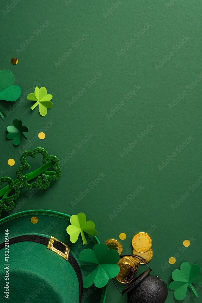 Fototapeta premium St Patricks Day vertical greeting concept with green hat, paper shamrock, gold coin and small pot, festive confetti and glitter details for St Patrick celebration and Irish good luck greeting