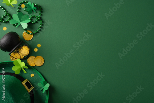 St. Patrick's Day celebration greeting scene with a green hat, paper shamrocks, gold coins, green beads and confetti arranged on a dark green background for holiday and luck visuals
