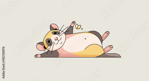 Cute playful hamster lying on its back holding peanut vector illustration in flat design style tan background for cheerful pet concepts
