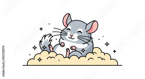 Cute cartoon chinchilla taking a dust bath vector illustration in flat style with soft colors on white background for kids design and prints