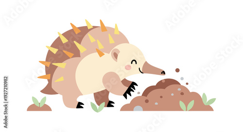 Cute echidna digging in the dirt with its long snout in vector flat style; wildlife illustration of adorable spiny anteater