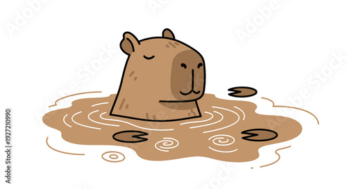 Cute capybara soaking in muddy water pond with lily pads vector flat illustration; relaxing cartoon rodent enjoying a wildlife bath