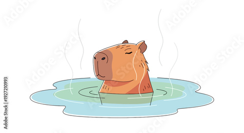 Cartoon capybara soaking peacefully in a hot spring with steam rising around its head in vector flat style illustration