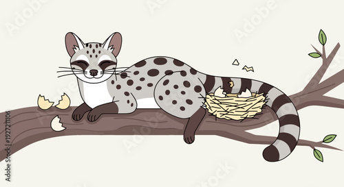 Genetta relaxing on a tree branch with broken eggshells and nest in vector flat style illustration for children books