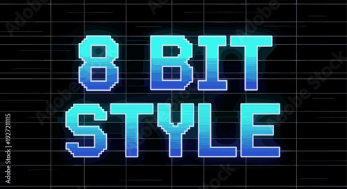 Retro 8 bit style text with neon glow on grid background