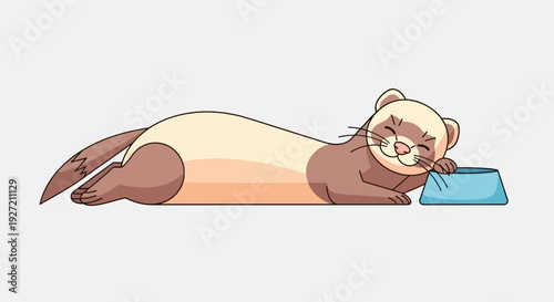 Cute cartoon ferret resting head on food bowl in flat vector design; adorable pet illustration with soft colors and clean outlines