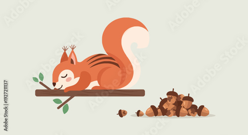 Sleeping squirrel resting on a tree branch with acorns in a vector flat design cute orange cartoon animal illustration for autumn harvest themes