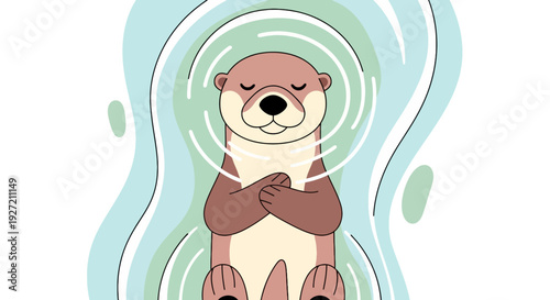 Cartoon otter floating on back in calming water ripple circles in vector flat style illustration for children's book greeting cards