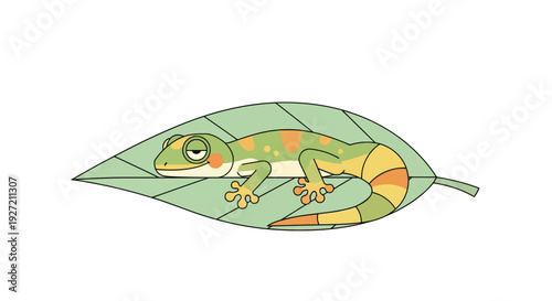 Cartoon gecko resting on a green leaf vector illustration in flat style depicting a relaxed lizard in natural habitat for nature and wildlife education