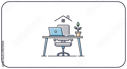 Desk with laptop, chair, and plant under a house icon