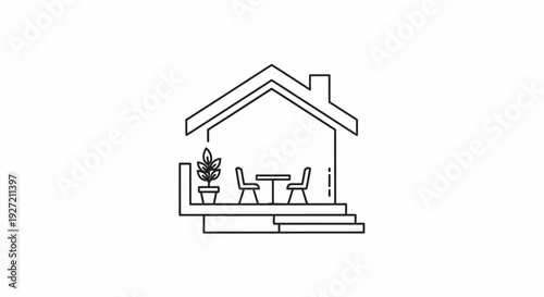 Minimalist line icon of a house with an outdoor patio and furniture.