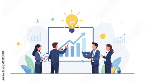 Business team working together for financial growth and innovation concept with light bulb idea metaphor, professional group analyzing data charts on screen for successful corporate strategy.