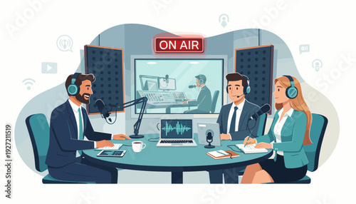Business Podcast Concept Illustration with Radio Host Interviewing Guests in a Studio. People Wearing Headsets Speaking into Microphones with ON AIR Sign and Control Room Behind Glass Window.