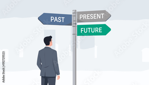 Businessman standing at a crossroads looking at a signpost with arrows pointing to past, present, and future. Concept of business strategy, career planning, decision making, and life choices.