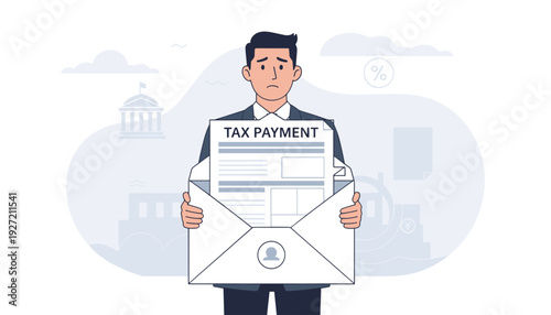 Sad Businessman Holding Large Envelope with Tax Payment Form, Official Government Document Notification for Financial Obligations, Debt and IRS Compliance Concept Vector Illustration