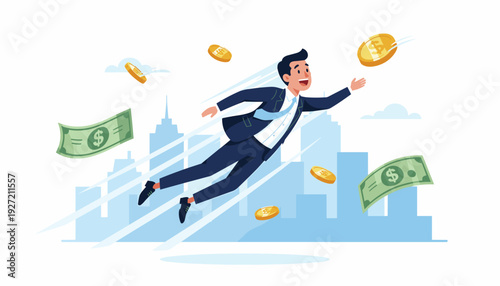 Successful businessman flying in the sky among falling gold coins and dollar bills with city skyline background. Concept of financial success, wealth growth, career achievement, and prosperity.