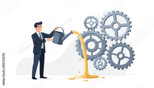 Businessman in Suit Pouring Oil from a Watering Can onto a Set of Cogs and Gears, Representing Effective Business Maintenance, Efficiency, Growth Strategy, and Professional Problem Solving Solutions.