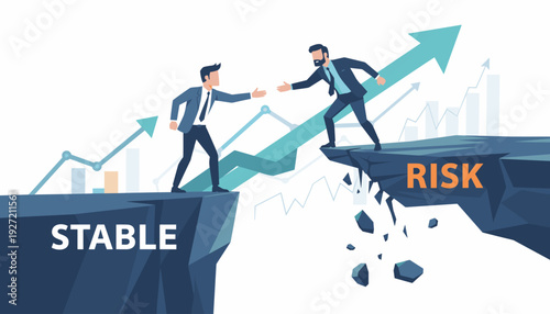Businessman Reaching Out to Help Partner Move from Risk to Stability, Business Concept of Support, Teamwork, and Financial Growth with Upward Arrow and Crumbling Cliff Background Illustration