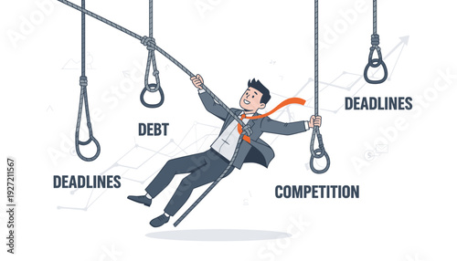 Businessman Swinging on Ropes Like Tarzan Between Corporate Challenges of Deadlines, Debt, and Competition; Concept of Navigating Business Risks, Stress, and Constant Problem Solving in Office.