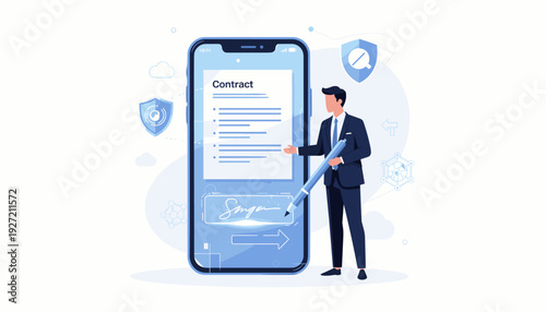 Businessman signing a digital smart contract with an electronic signature on a smartphone screen. Secure online legal agreement, paperless document management, and modern business technology.