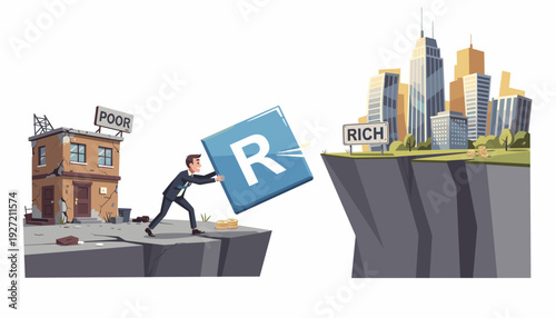 Businessman Pushing a Large Blue Cube with Letter R Across a Chasm from a Poor Dilapidated House to a Rich Modern City with Skyscrapers, Concept of Wealth Gap, Social Mobility, and Financial Success
